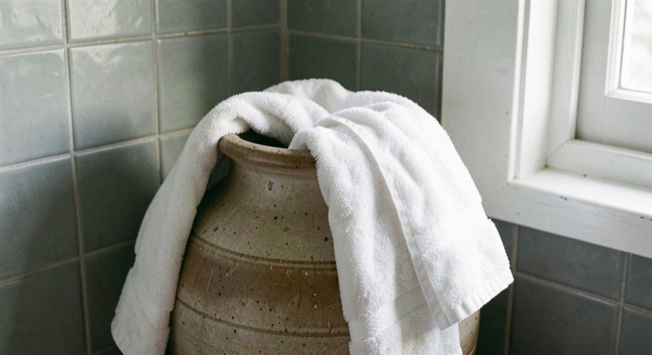 Thick folded white cotton towel draped loosely over the open mouth of a stoneware crock standing in the corner of a cool tiled pantry