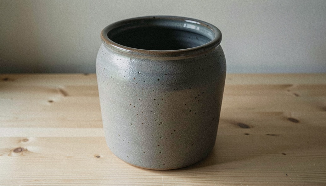 Empty tall grey stoneware fermentation crock photographed from slightly above on a plain wooden bench, its glazed rim catching a low side light