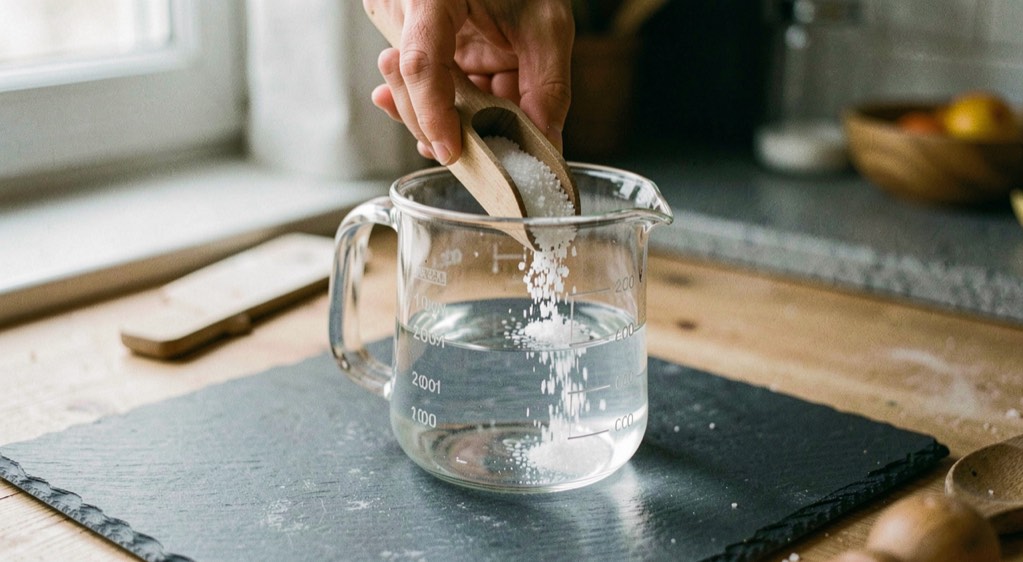 Close view of a hand pouring coarse white pickling salt from a wooden scoop into a glass measuring jug of clear water on a slate worktop
