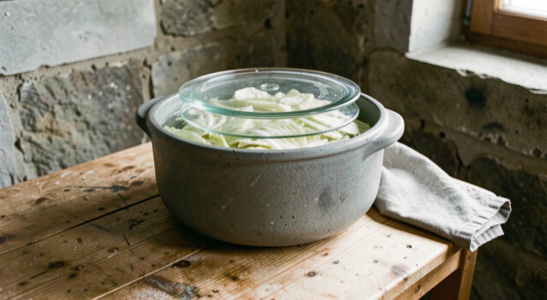 Wide grey stoneware crock on a scrubbed pine table in a cool cellar, filled with sliced cabbage under a clear brine and held down by a plain glass plate, with a folded cloth beside it