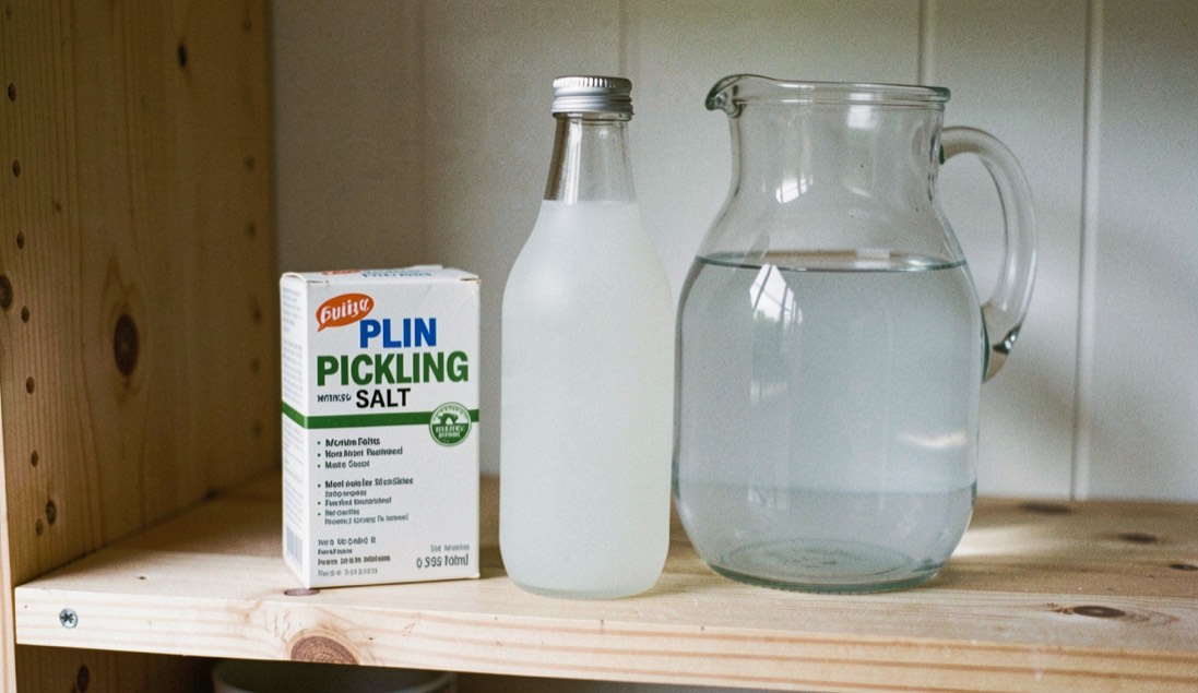 A box of plain pickling salt, a bottle of clear white vinegar and a glass jug of water standing together on a scrubbed pine shelf in flat daylight