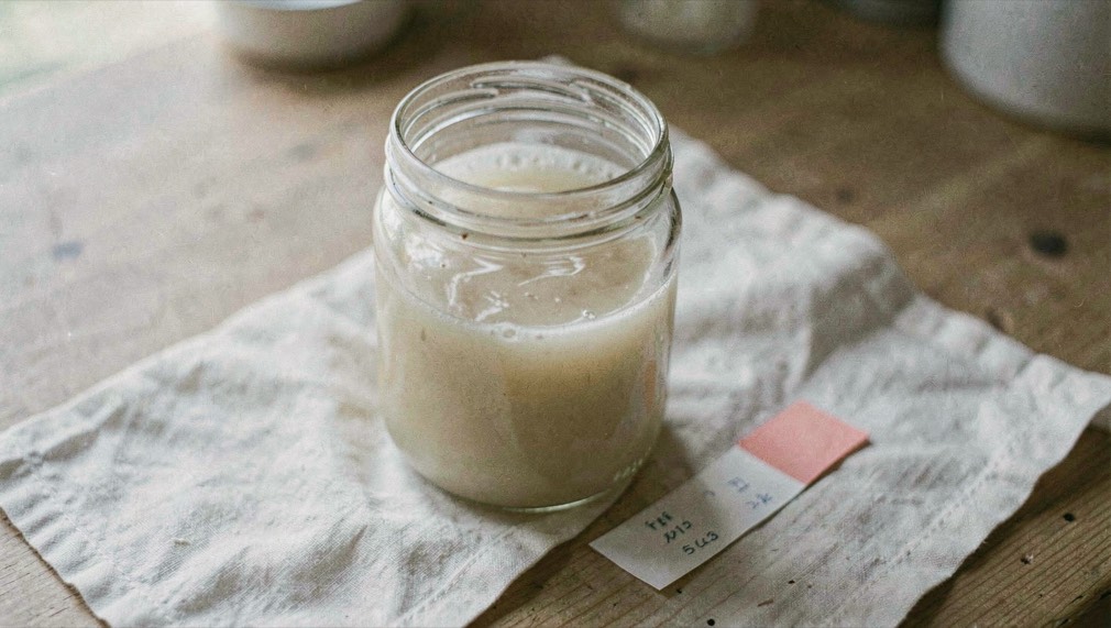 A jar of cloudy brine on a plain wooden table with a soft film visible on the surface and a small strip of pH paper lying beside the jar on a white cloth