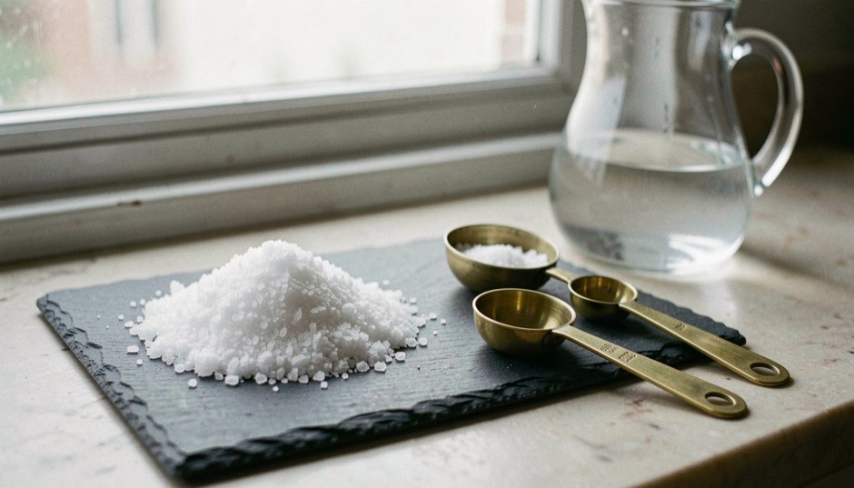 Coarse white pickling salt heaped on a dark slate slab beside a set of brass measuring spoons and a glass jug of water catching the window light