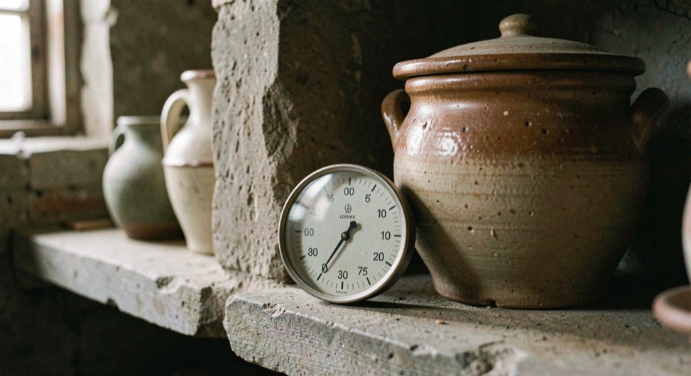 A round dial thermometer resting on a cool stone shelf beside a covered stoneware crock in a dim cellar, its needle sitting in the lower part of the dial