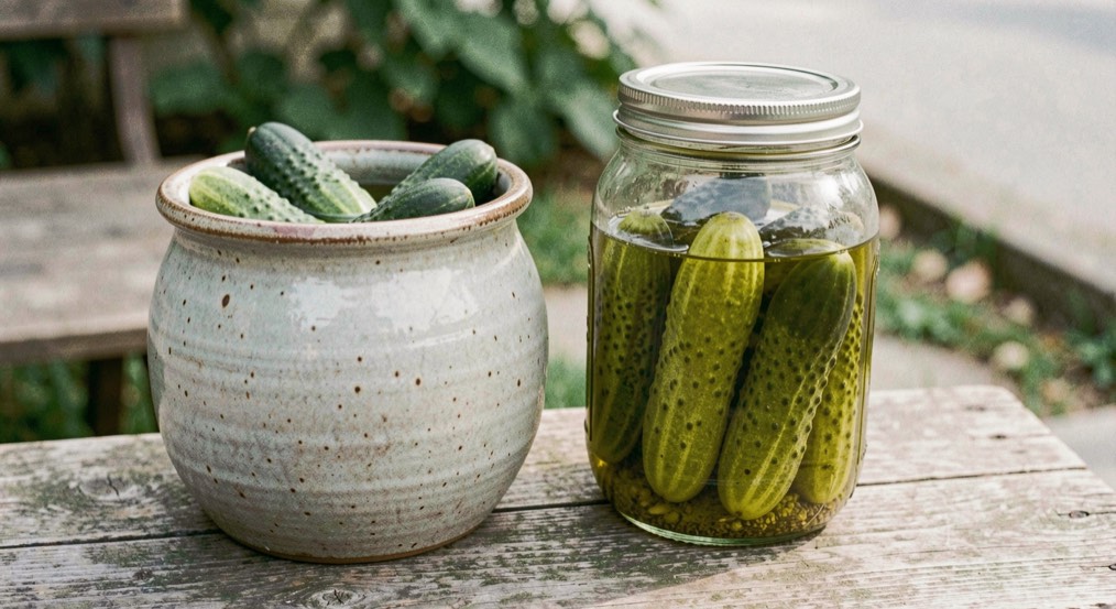 Two vessels side by side on a wooden bench, a cloudy stoneware crock of fermenting cucumbers on the left and a clear glass jar of bright vinegar pickles on the right