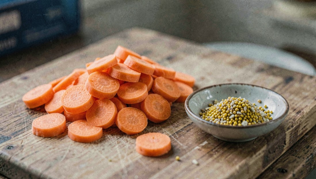 Peeled orange carrots sliced into even half inch rounds heaped on a wooden board beside a small dish of yellow mustard seed and pale celery seed