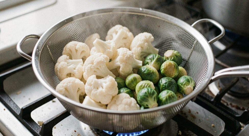 White cauliflower broken into even florets and small trimmed Brussels sprouts draining together in a metal colander over a steaming pan on a stove