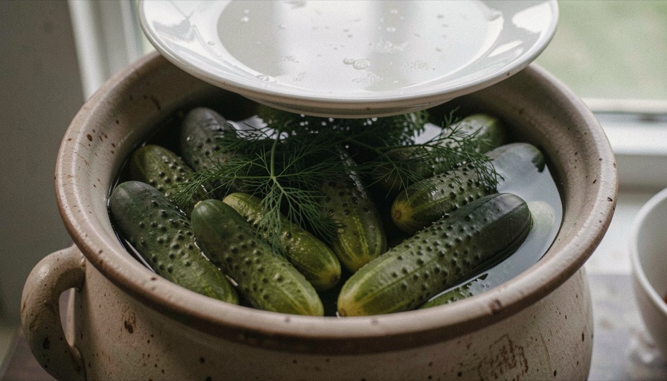 Small ridged pickling cucumbers packed upright in a stoneware crock under a cloudy brine with fresh dill heads floating on the surface and a plate pressing them down
