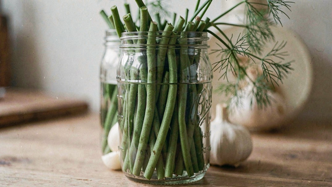 Slender green beans trimmed to equal length and stood upright packed tightly inside clear glass pint jars with a dill head and a garlic clove visible at the side
