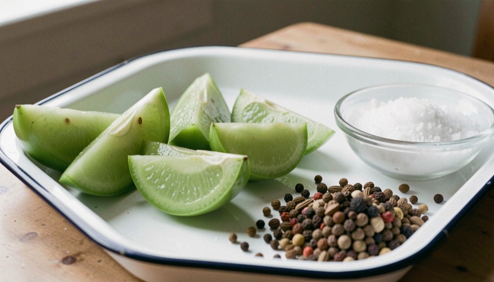 Firm unripe green tomatoes cut into thick wedges on a white enamel tray beside a bowl of coarse salt and a scattering of whole spices