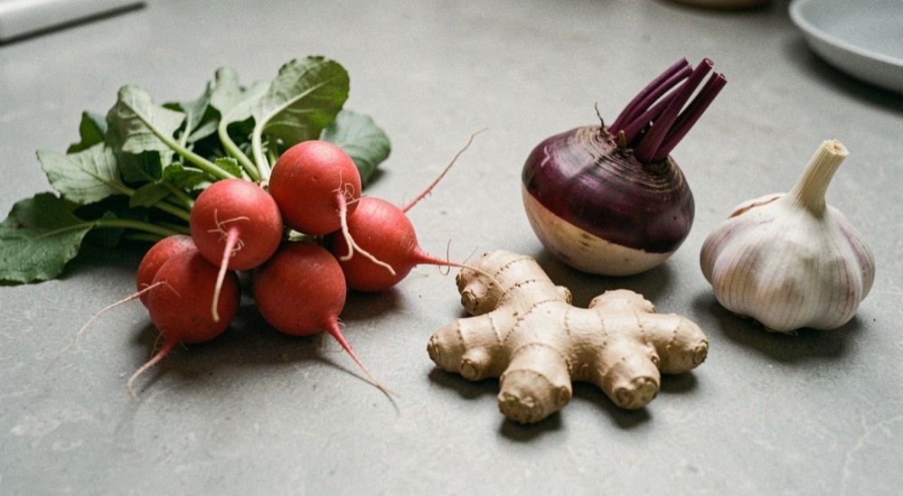 Bunches of red radishes, a purple topped turnip, a knob of fresh ginger and a head of garlic laid out on a plain grey worktop with no jars and no equipment nearby