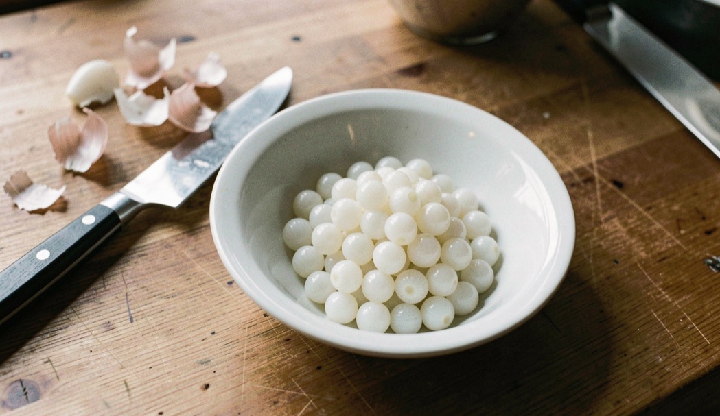 Small white pearl onions peeled and glistening piled in a shallow white bowl on a scrubbed wooden table with a paring knife and loose papery skins beside it
