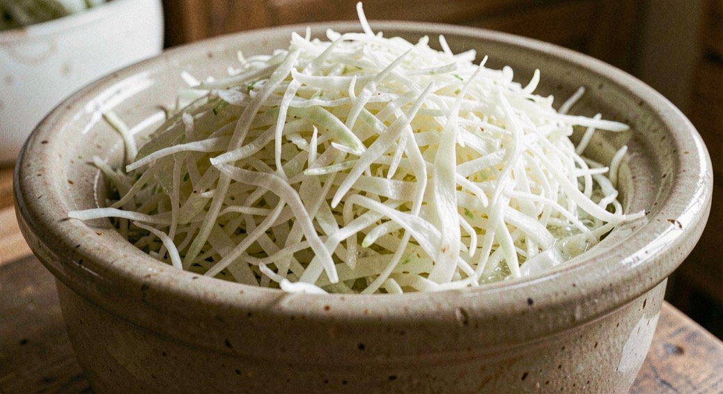 Finely shredded white cabbage pressed down in a wide stoneware crock with its own juice risen above the surface and a glass plate holding it under